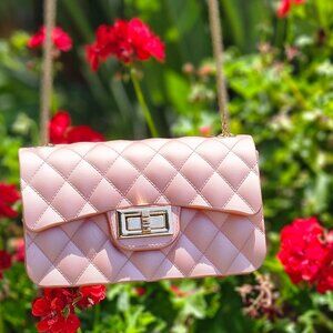 Diamond-Quilted Matte Metallic Rose Gold Jelly Shoulder Bag